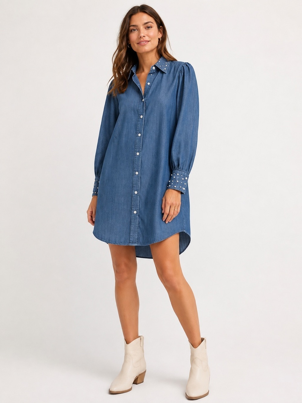Current Air Pearl Stud Chambray Denim Shirt Dress XS